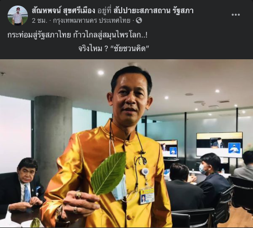 “สัณหพจน์” พกใบกระท่อมบุกรัฐสภา ลั่นเดินหน้าพัฒนาเป็นสมุนไพรโลก