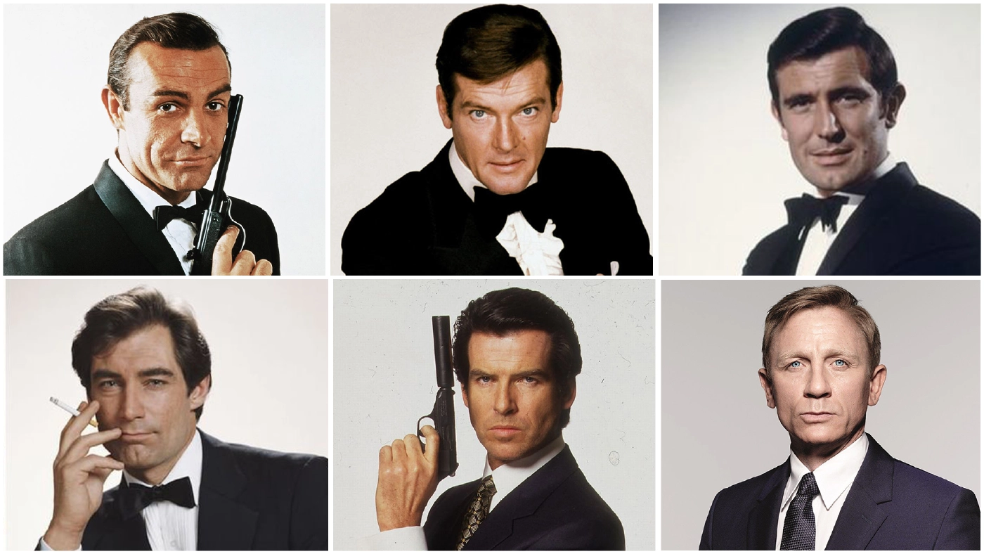 เจมส์ บอนด์ทั้ง 6 เริ่มจากคนแรกเรียงตามลำดับ ฌอน คอนเนอรี่ จอร์จ ลาเซนบี้ โรเจอร์ มัวร์ ทิโมธี ดัลตัน เพียร์ซ บรอสแนน และ แดเนี่ยล เคร็ก