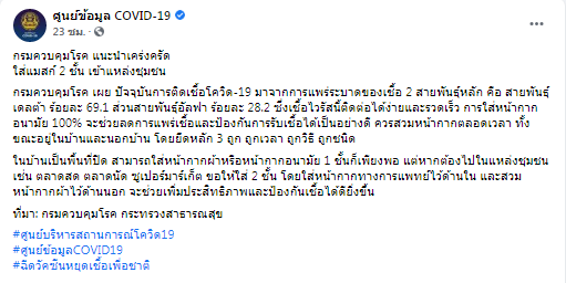 กรมควบคุมโรคย้ำใส่แมสก์ 2 ชั้นเข้าแหล่งชุมชน