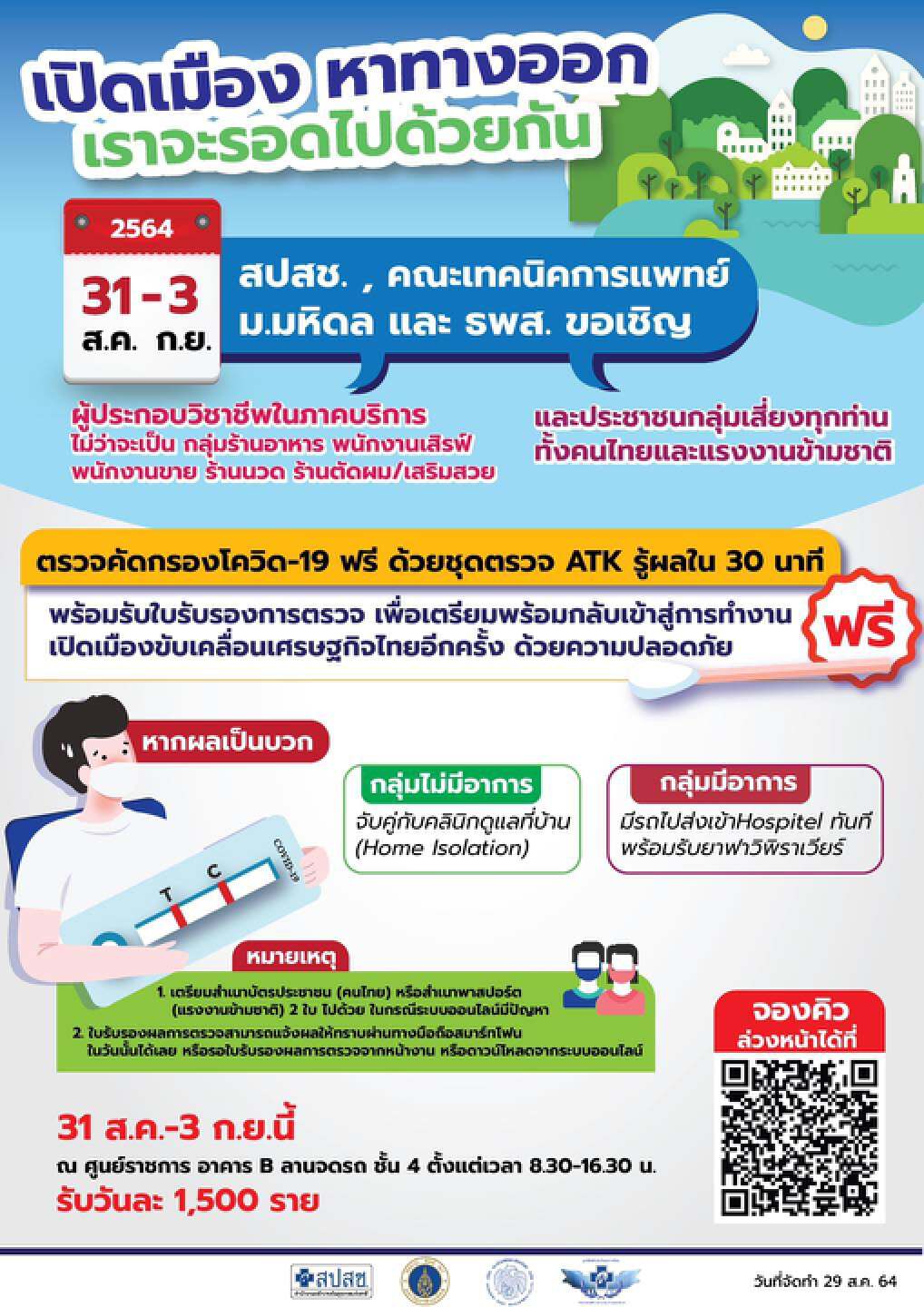 ด่วน! เปิดตรวจโควิดฟรีกลุ่มอาชีพภาคบริการ 31ส.ค.-3​ ก.ย.​