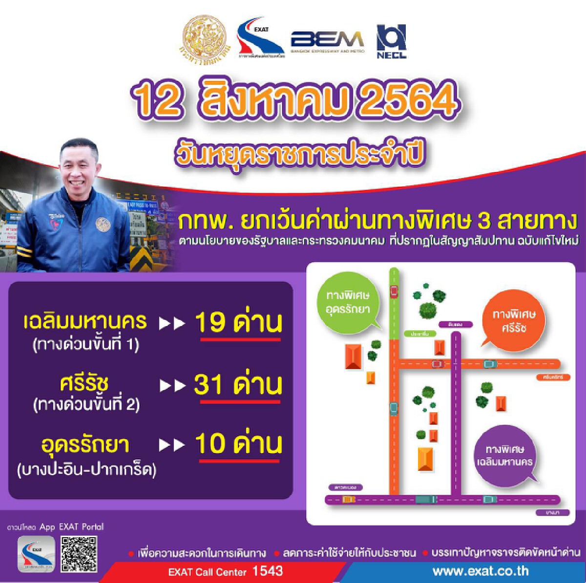 กทพ. งดเก็บค่าทางด่วน 3 สายทาง 12 ส.ค. นี้