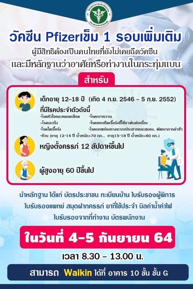 เช็กด่วน!! วันนี้ กลุ่มเสี่ยง วอล์คอินฉีดวัคซีน Pfizer ที่ไหนบ้าง