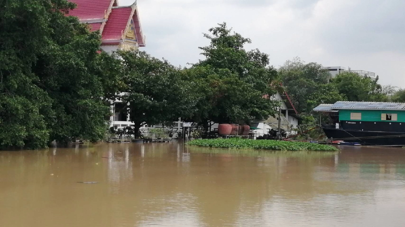 น้ำในแม่น้ำเจ้าพระยาเริ่มล้นเข้าท่วมวัดที่อยู่ริมแม่น้ำแล้ว
