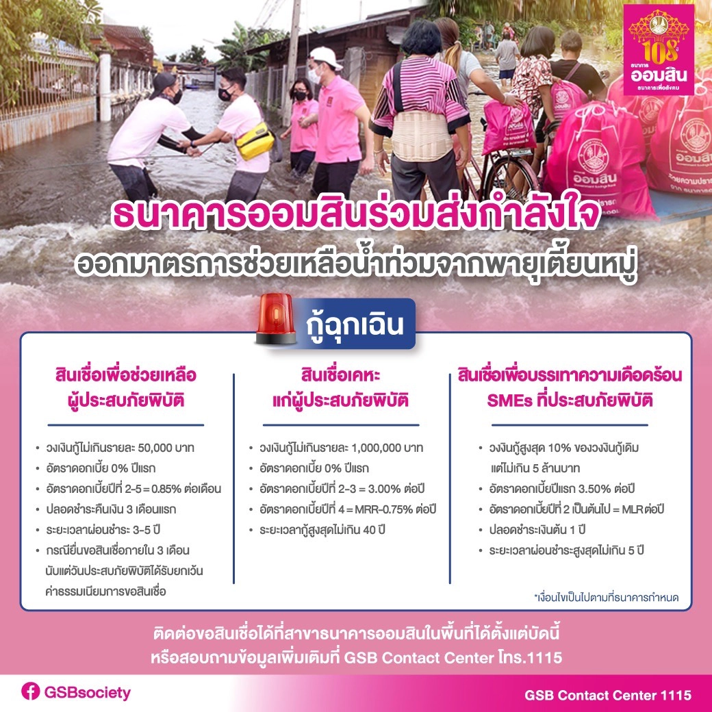 ออมสิน ปล่อยกู้ฉุกเฉิน “ช่วยน้ำท่วม” วงเงิน 5,000,000 บาท