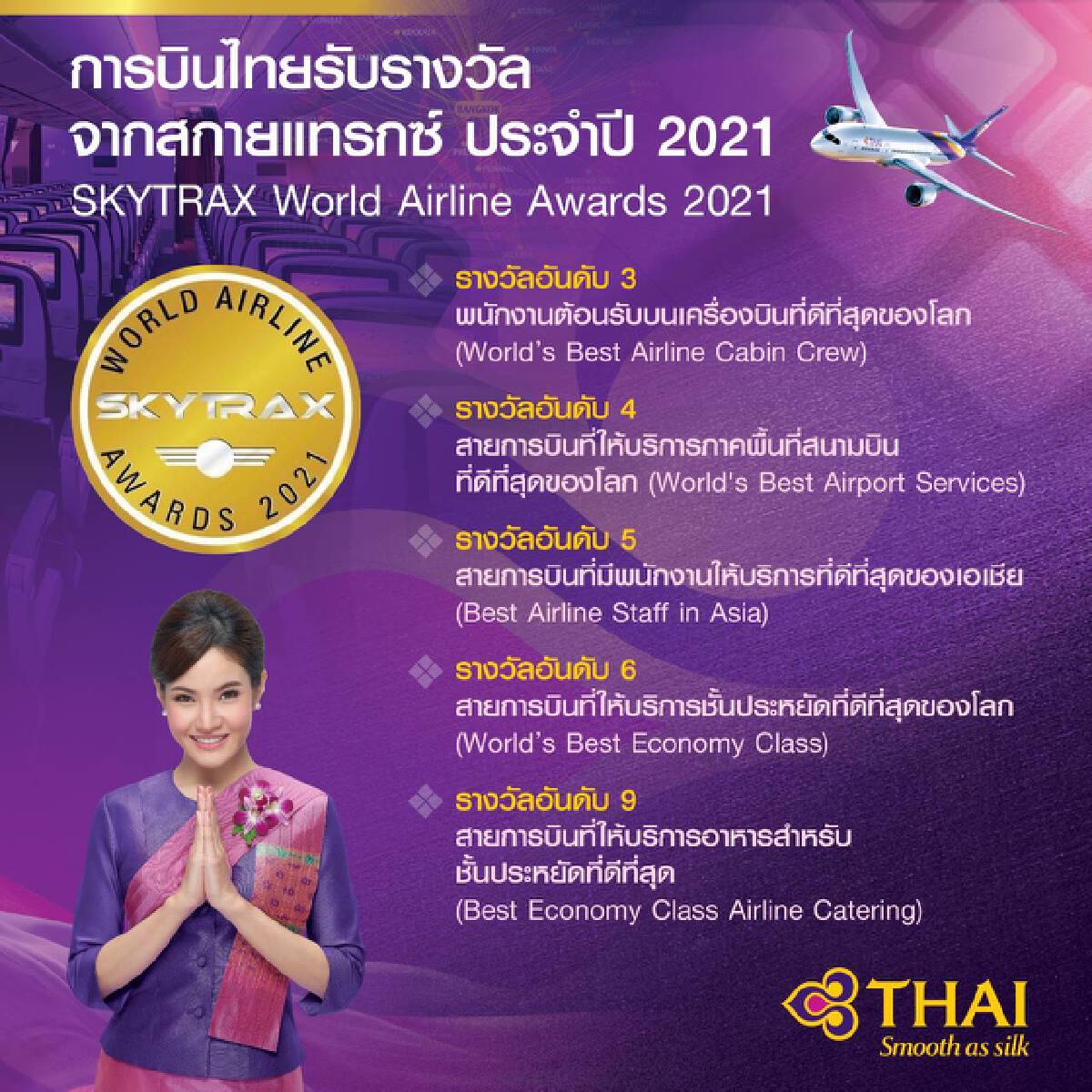 การบินไทยคว้า 5 รางวัลสกายแทรกซ์ ประจำปี 2021