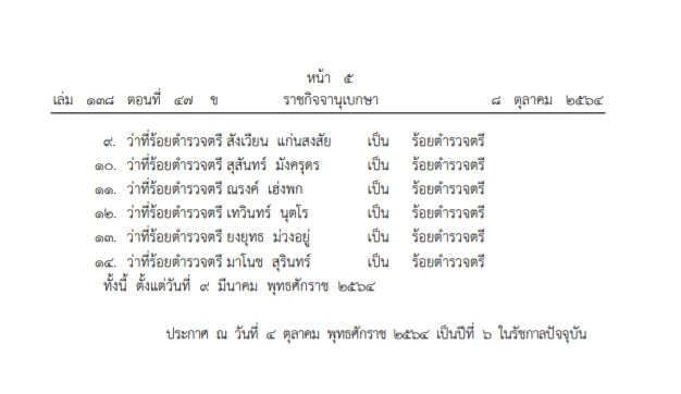 โปรดเกล้าฯ พระราชทานยศข้าราชการในพระองค์ ฝ่ายตำรวจชั้นสัญญาบัตร ๑๔ นาย