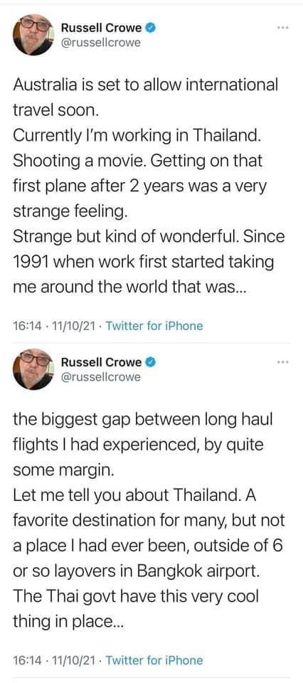 Russell Crowe ทวีตชมรัฐบาลไทยกับแนวคิด ภูเก็ต แซนด์บ็อกซ์ ที่สุดวิเศษ