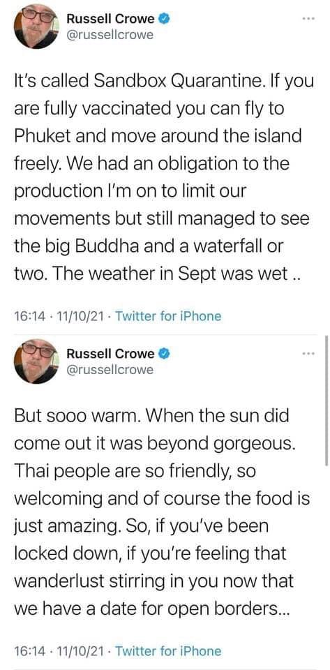 Russell Crowe ทวีตชมรัฐบาลไทยกับแนวคิด ภูเก็ต แซนด์บ็อกซ์ ที่สุดวิเศษ