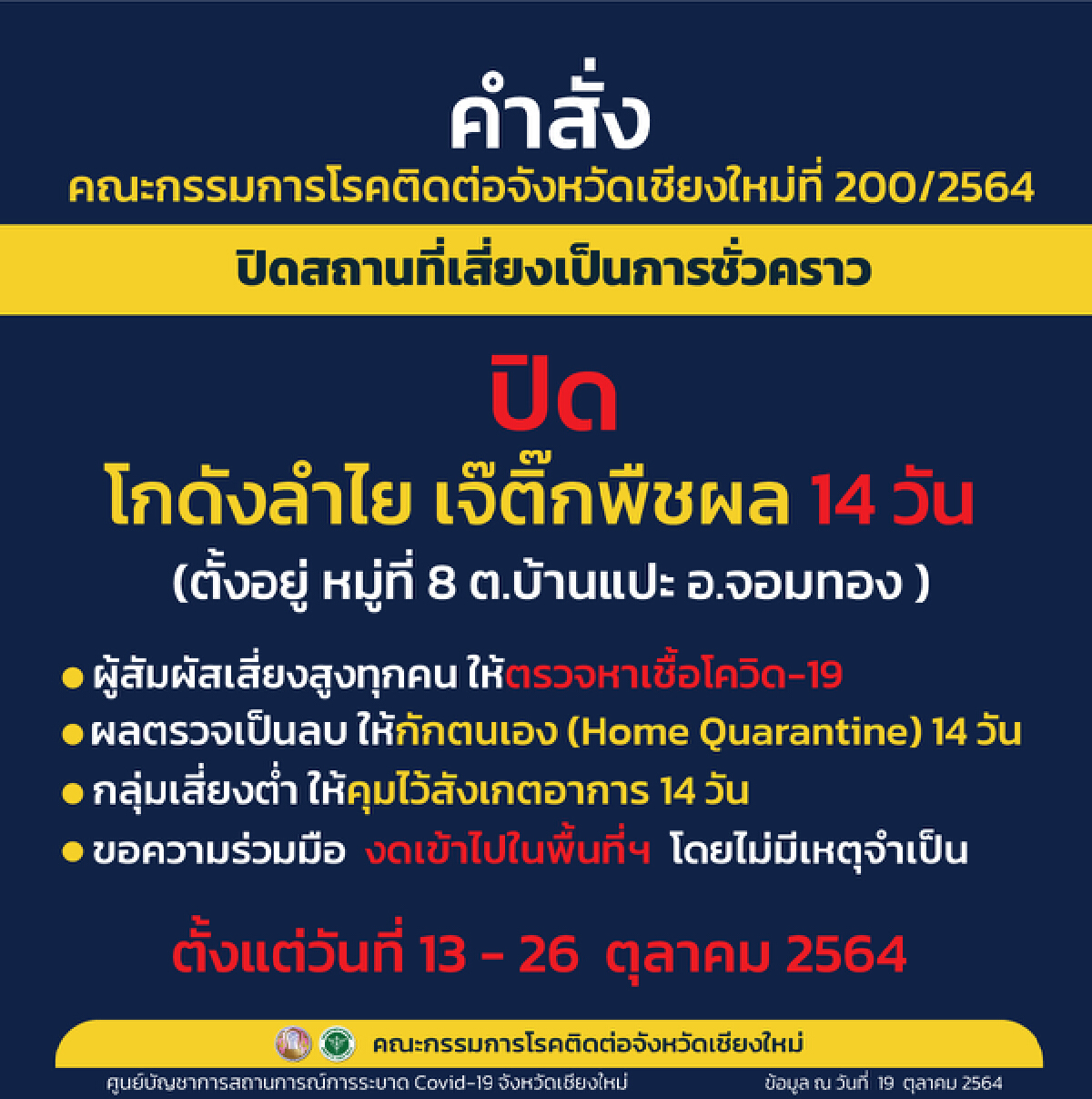 "เชียงใหม่"สั่งปิด16สถานที่เสี่ยงใน 8 อำเภอ