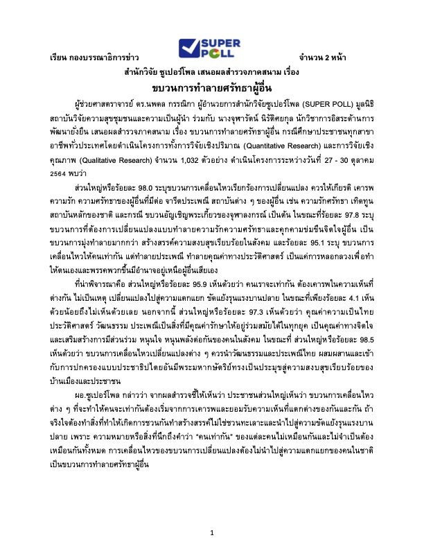 Super Poll เผย 98% ปชช.วอนอย่าปิดกั้นศรัทธา "คนรักสถาบัน"