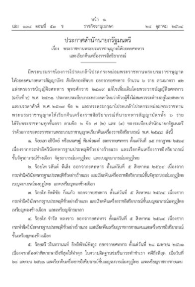 "พระบรมราชโองการ" ถอดยศ 6 นายทหาร เหตุประพฤติชั่วอย่างร้ายแรง
