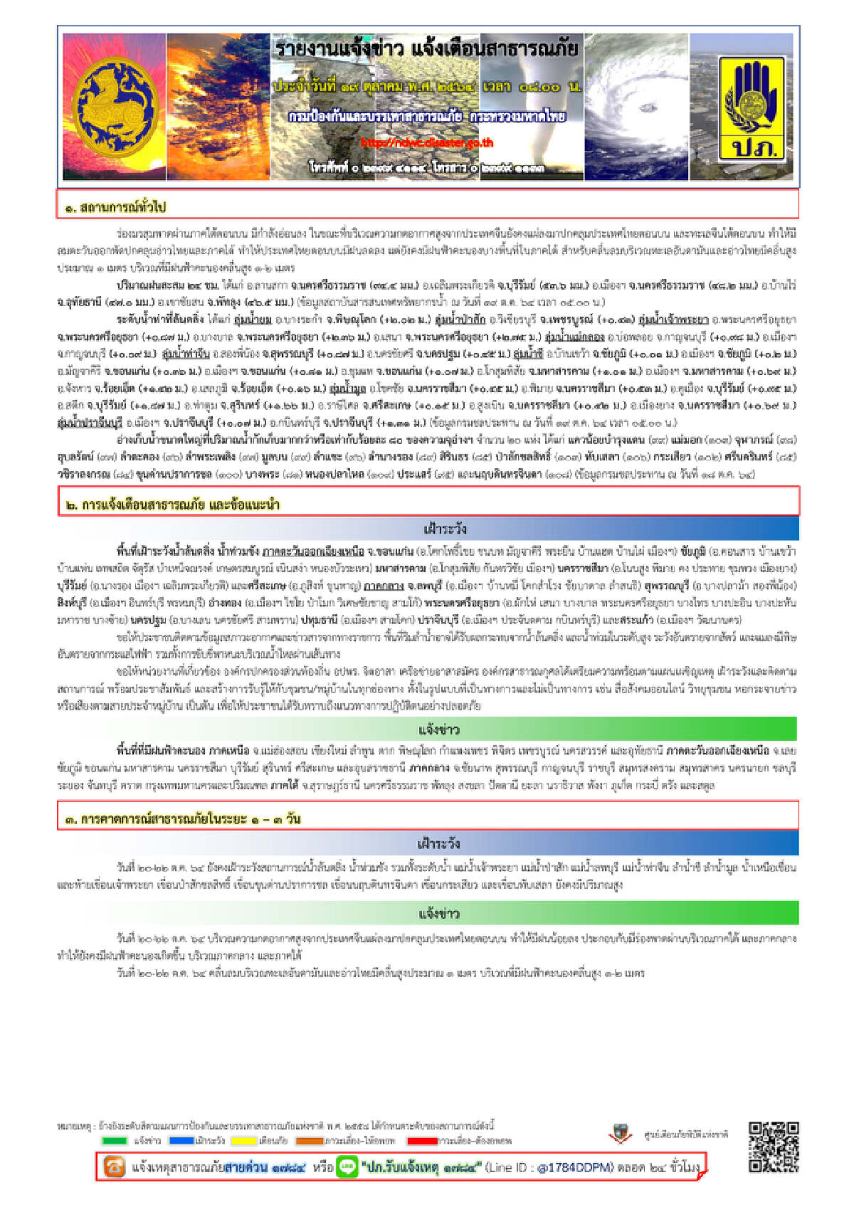 ปภ. รายงานสถานการณ์ ข้อมูลคาดการณ์และแจ้งเตือนภัยประจำวันนี้