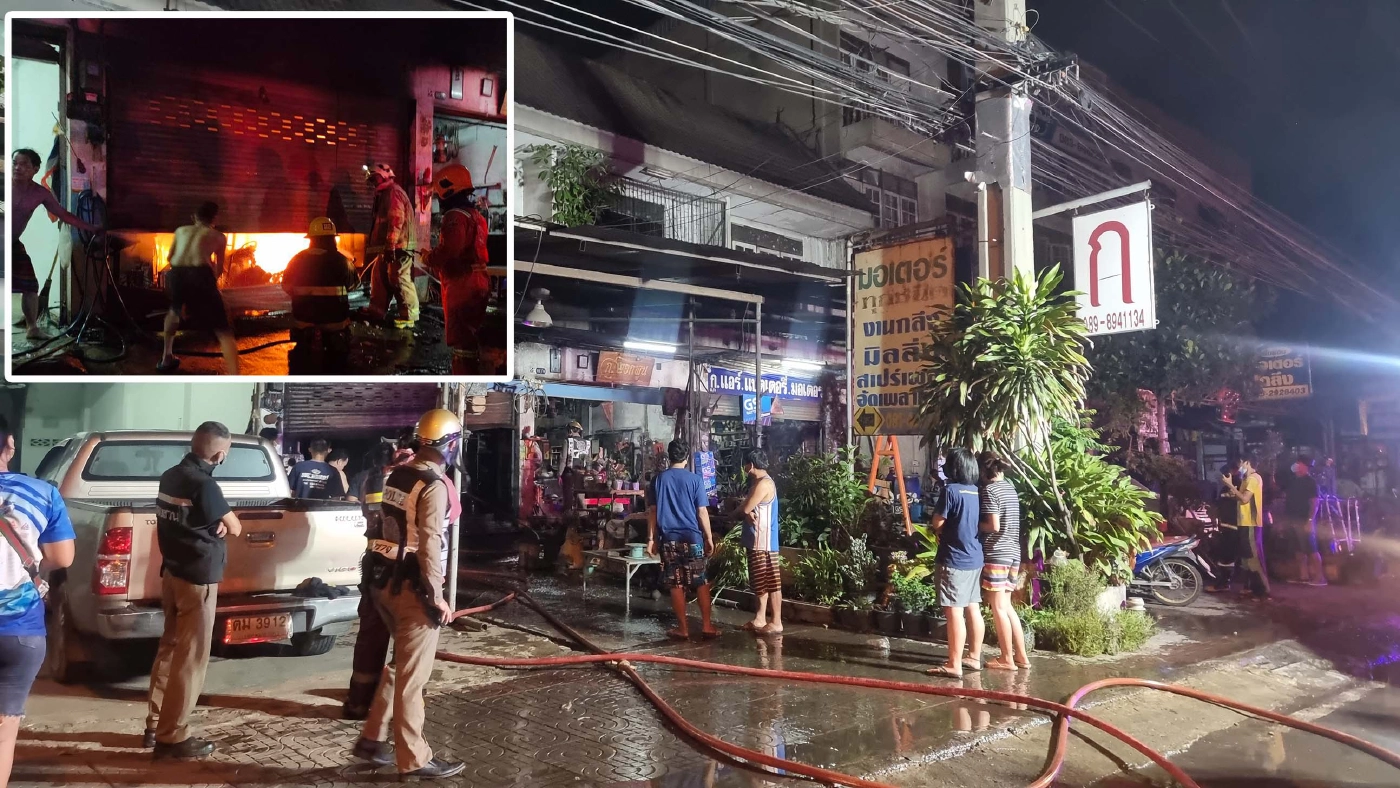 ไฟไหม้ร้านมอเตอร์เซอร์วิส 3 ชีวิตพ่อแม่ลูกหวิดถูกย่างสด