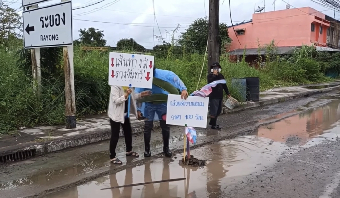 ชาวบ้านประชด ชวนปลูกทุเรียน-กล้วยด่าง บนถนนพังมากว่า 3 ปี