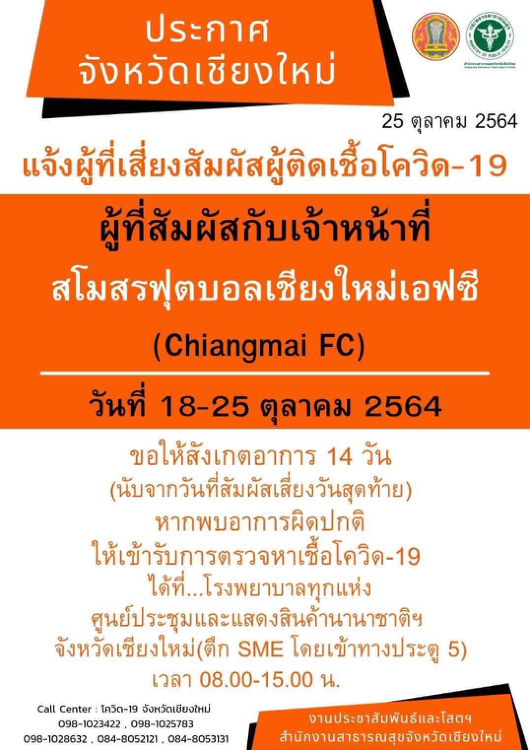 “เชียงใหม่ เอฟซี” ยืนยันไม่มีเจ้าหน้าที่-นักบอลติดเชื้อ