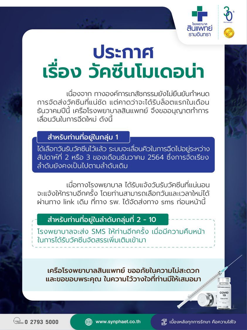 รพ.สินแพทย์ ประกาศ “วัคซีนโมเดอร์นา” ได้รับล็อตแรก ในเดือน ธ.ค. 64 นี้