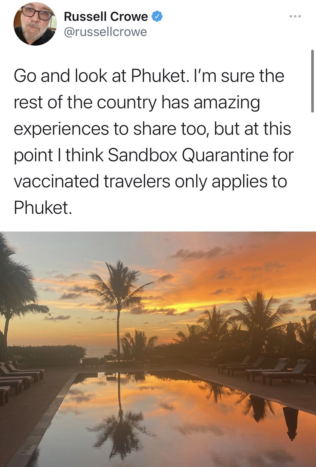 Russell Crowe ทวีตชมรัฐบาลไทยกับแนวคิด ภูเก็ต แซนด์บ็อกซ์ ที่สุดวิเศษ