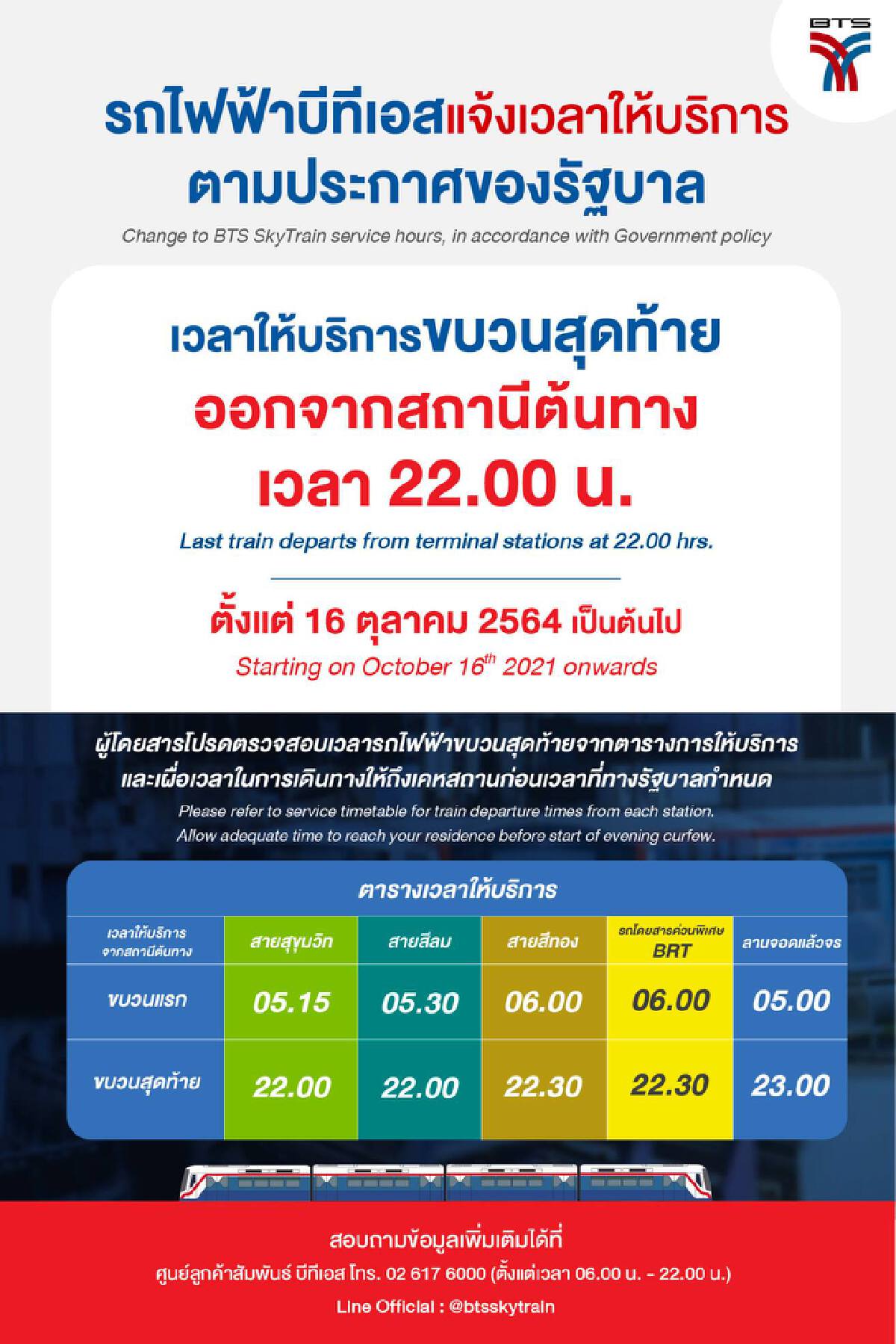 รถไฟฟ้าปรับเวลาให้บริหาร หลังคลายล็อก ลดเคอร์ฟิว เริ่ม 16 ต.ค.นี้