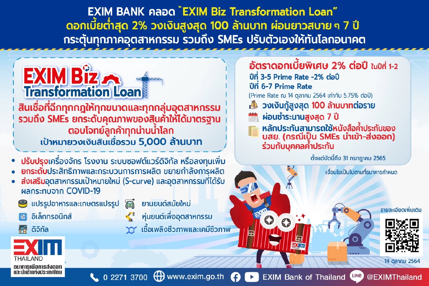 EXIM BANK ปล่อยกู้ดอกเบี้ย 2% วงเงินสูงสุด 100 ล้าน