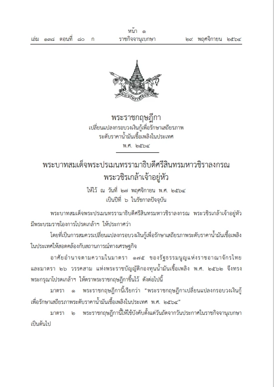 โปรดเกล้าฯ พระราชกฤษฎีกาเปลี่ยนแปลงกรอบวงเงินกู้รักษาราคาน้ำมันฯ