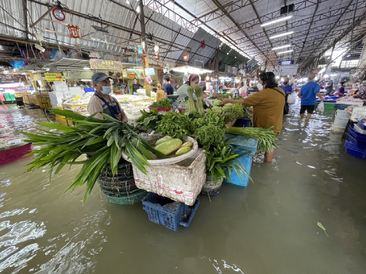 พ่อเมืองปากน้ำ ลุยตรวจตลาดปากน้ำ น้ำทะเลหนุนสูงเข้าท่วมตลาด
