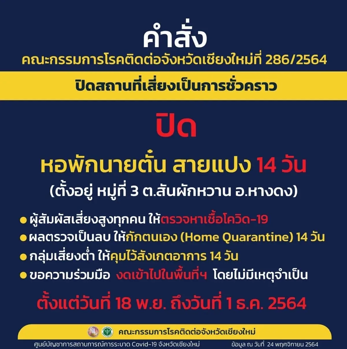 สั่งปิดเพิ่ม 6 จุดเสี่ยงในเชียงใหม่ หลังมีการระบาดติดเชื้อเป็นกลุ่มก้อน