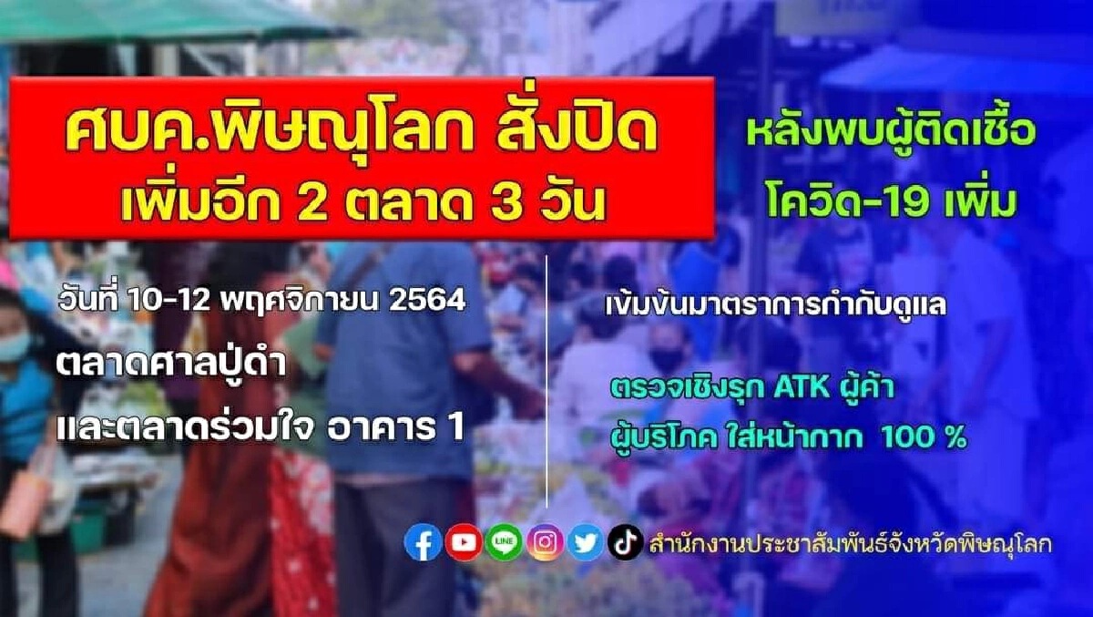 ศบค.พิษณุโลก สั่งปิด 2 ตลาดในเมือง เริ่มพรุ่งนี้เป็นต้นไป