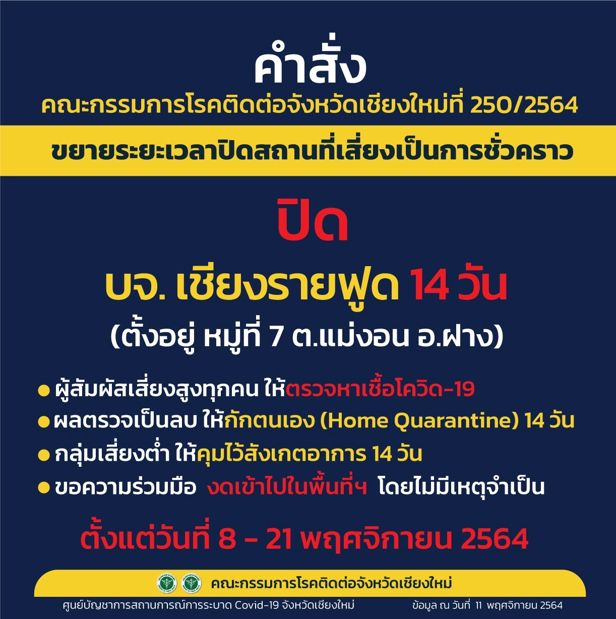 "เชียงใหม่"สั่งปิด2สถานที่เสี่ยง ในอ.ฝาง