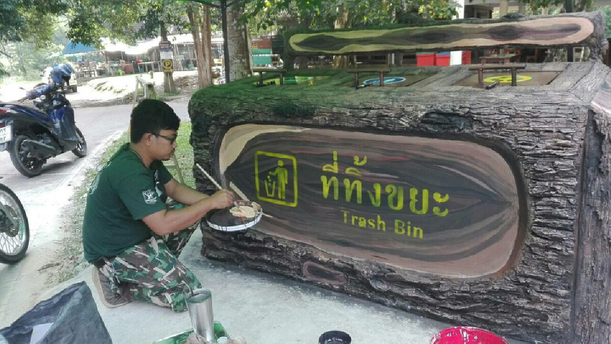 "เขาใหญ่" โชว์ ถังขยะทำจากวัสดุเหลือใช้ ป้องกันสัตว์ป่าคุ้ยเขี่ย