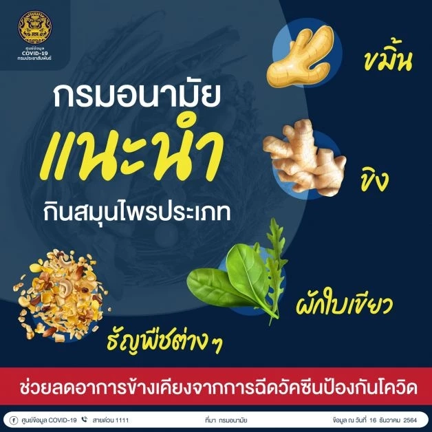 กรมอนามัย แนะกินสมุนไพร ช่วยลดอาการข้างเคียงจากการฉีดวัคซีนโควิดได้