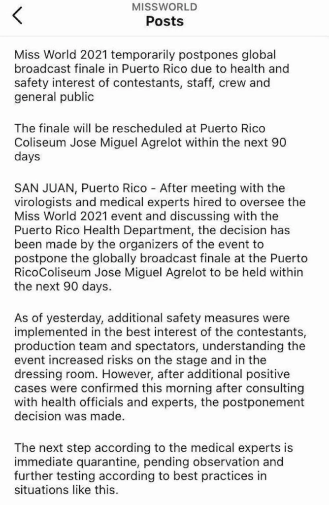 นางงามติดโควิดต่อเนื่อง Miss World ประกาศเลื่อนประกวดรอบตัดสิน
