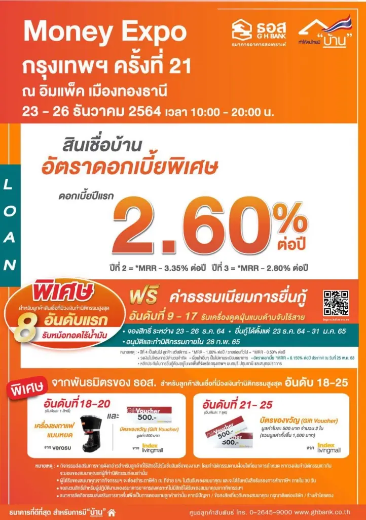 ธอส. จัดโปรส่งท้ายปี   Money Expo 2021 กู้บ้านดอกเบี้ย 2.60%