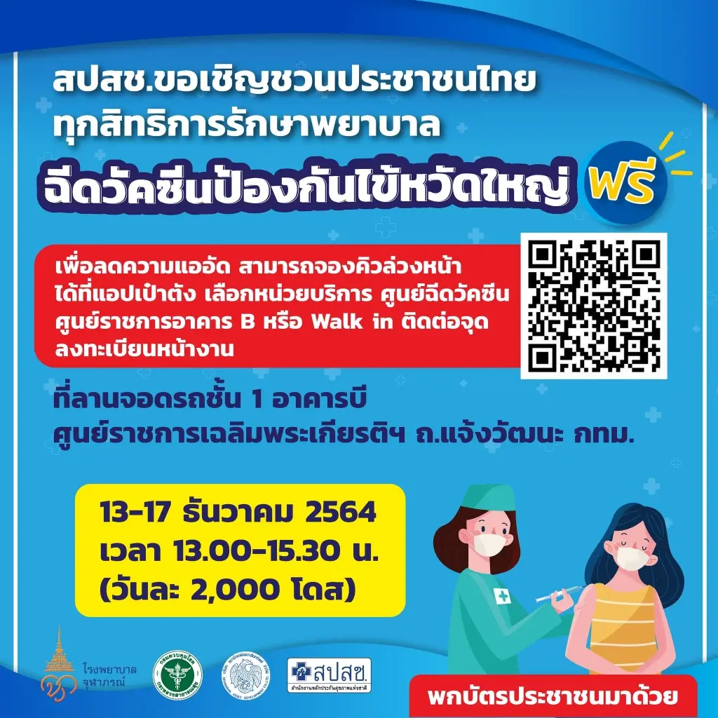 ชวนคนไทยฉีดวัคซีนป้องกันไข้หวัดใหญ่ ฟรี! ระหว่างวันที่ 13-17 ธ.ค.นี้