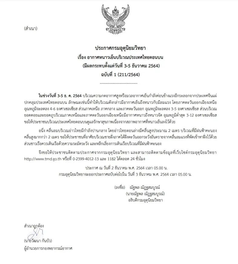 “กรมอุตุฯ”  เผย 3-5 ธ.ค. อุณภูมิทั่วประเทศลด 3-6 องศา ยอดดอยลดต่ำสุด12 องศา