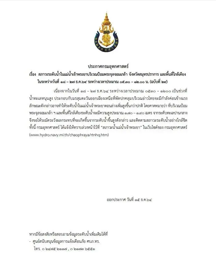 น้ำทะเลหนุนสูงวันนี้!! กรมอุทกศาสตร์ ประกาศเตือน ริมเจ้าพระยาเฝ้าระวัง