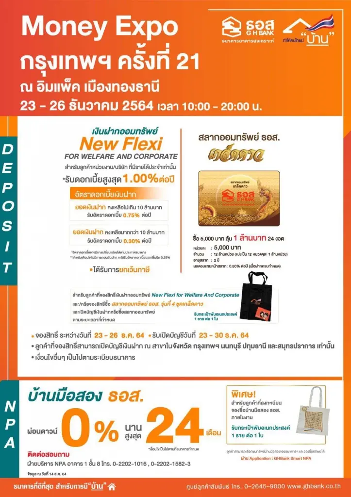 ธอส. จัดโปรส่งท้ายปี   Money Expo 2021 กู้บ้านดอกเบี้ย 2.60%