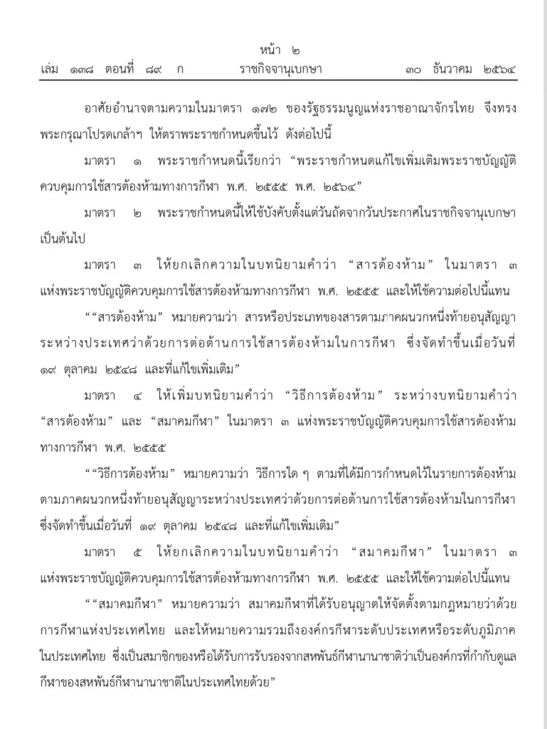 ราชกิจจาฯ ออก พ.ร.ก.คุมสารต้องห้ามทางกีฬา 
