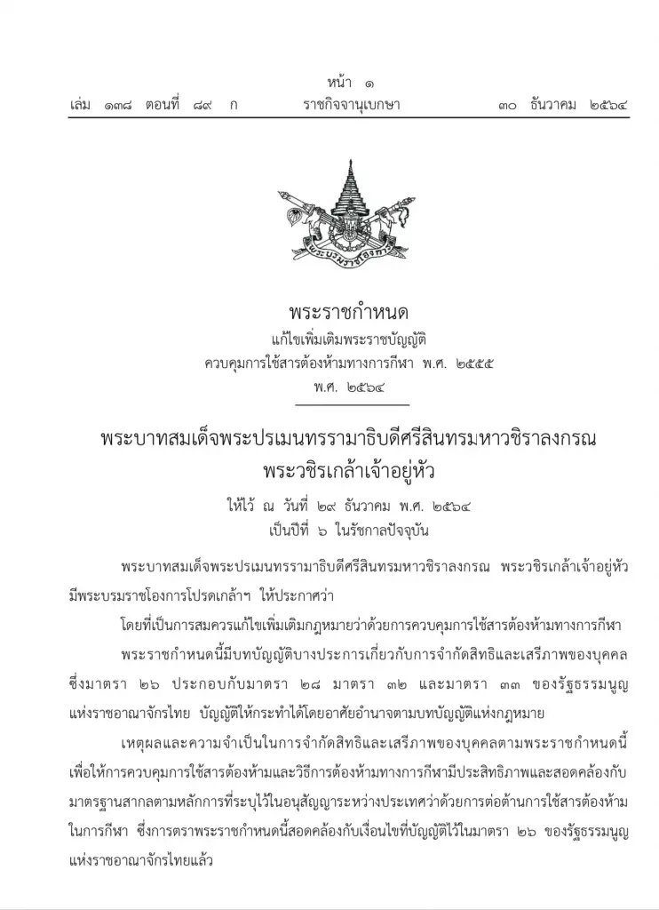 ราชกิจจาฯ ออก พ.ร.ก.คุมสารต้องห้ามทางกีฬา 