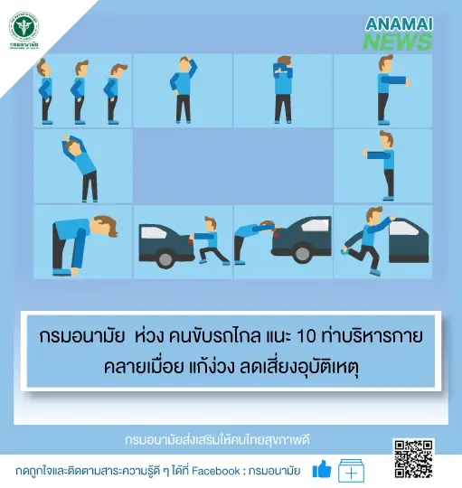 กรมอนามัย ห่วง คนขับรถไกล แนะ 10 ท่าบริหารกาย คลายเมื่อย ลดเสี่ยงอุบัติเหตุ
