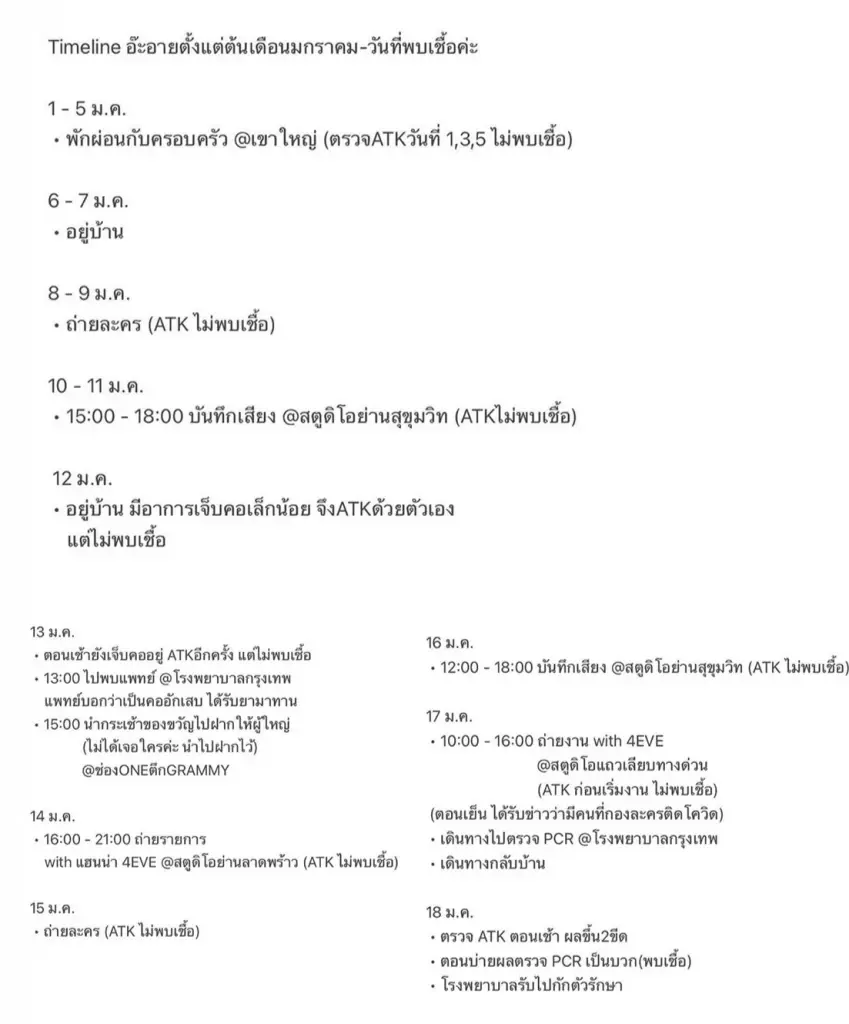 “อ๊ะอาย 4EVE” ติดโควิดพร้อมแจ้งไทม์ไลน์ เบื้องต้นเข้ารับการรักษาตัวแล้ว