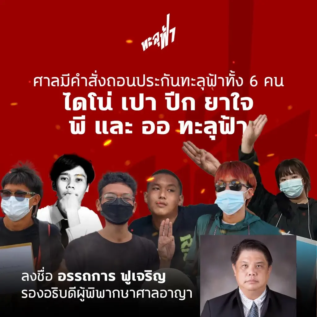 ศาลอาญาสั่งถอนประกัน 6 ทะลุฟ้า ขีดเขียน-ทำลายข้าวของในห้องพิจารณา