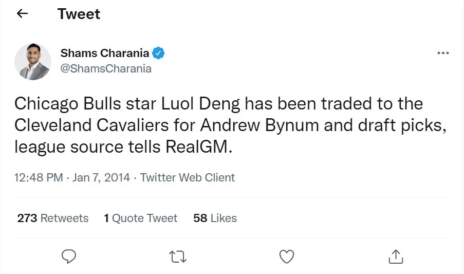 (รายงานการเทรดแลก ลูโอล เดง กับ แอนดรูว์ บายนัม คือทวีตสำคัญที่เปลี่ยนชีวิตของ “แชมส์” / ภาพจาก Twitter)