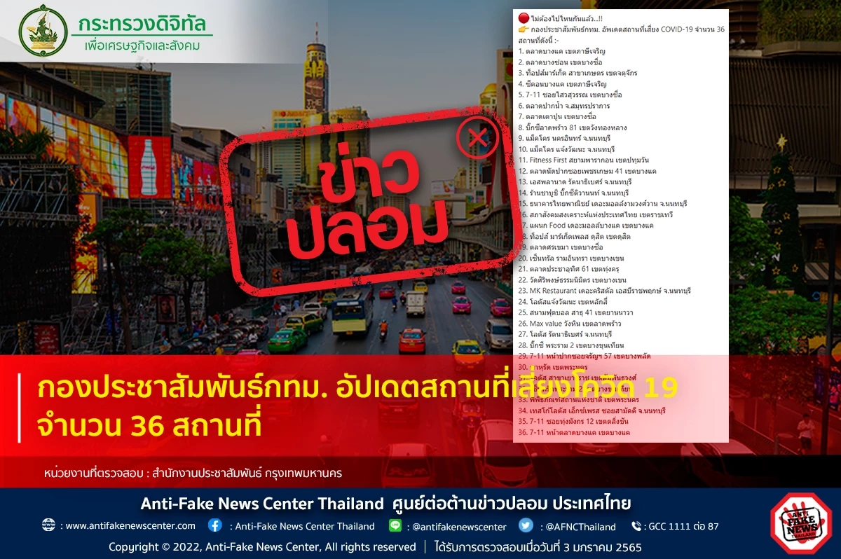 ศูนย์ต่อต้านข่าวปลอม เตือนข่าวปลอม กทม. อัปเดต 36 สถานที่เสี่ยงโควิด-19