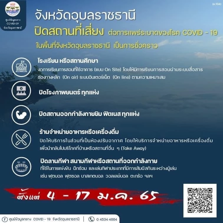 อุบลฯคุมเข้มปิดสถานที่เสี่ยงแพร่ระบาดโควิด-19 4-17 ม.ค.นี้