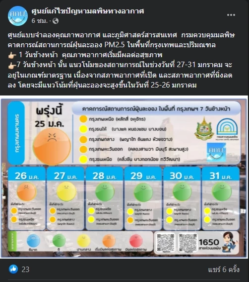 คพ.เตือน 25-26 ม.ค. ฝุ่น PM2.5 ใน กทม.พุ่งสูงขึ้น เหตุสภาพอากาศปิดและลมอ่อน