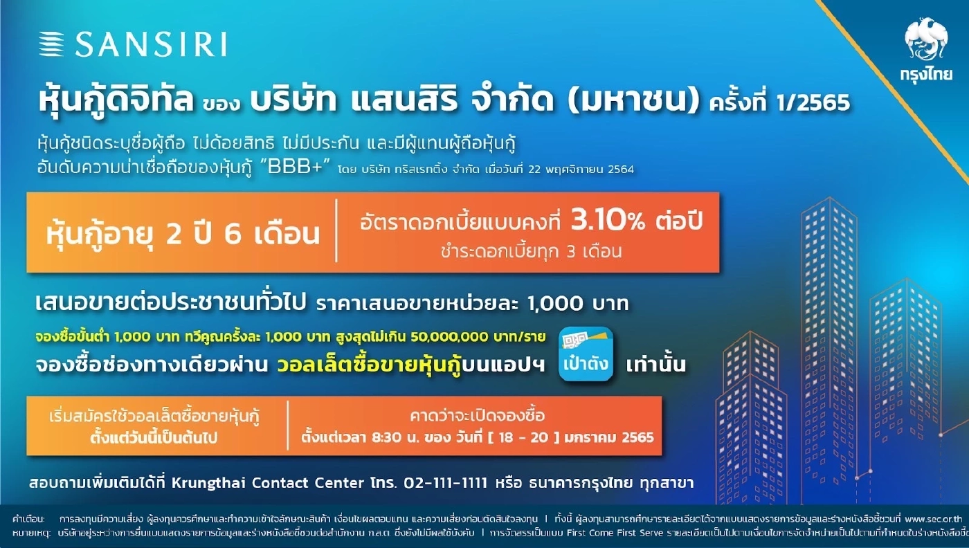 แสนสิริ จับมือ กรุงไทย ซื้อขาย "หุ้นกู้ดิจิทัล” ผ่านแอปฯ เป๋าตัง