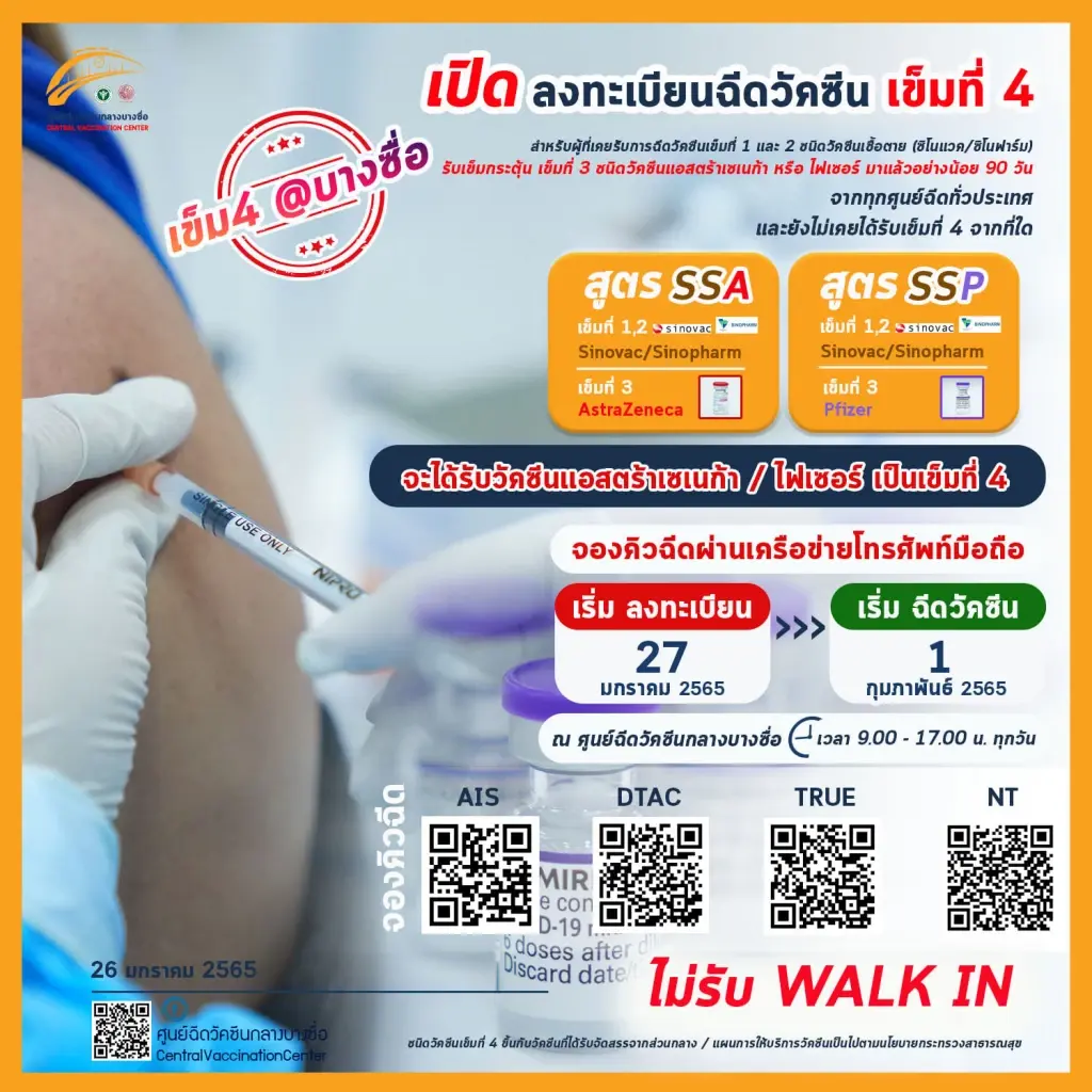 บางซื่อ เปิดลงทะเบียนฉีดวัคซีน "เข็มที่ 4" AstraZeneca / Pfizer