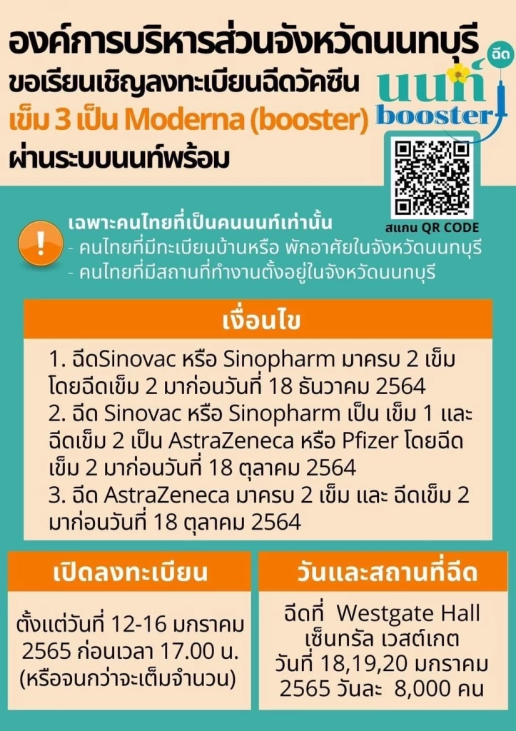 นนทบุรีเชิญ ลงทะเบียนฉีดวัคซีน เข็ม 3 "Moderna" ผ่านระบบนนท์พร้อม