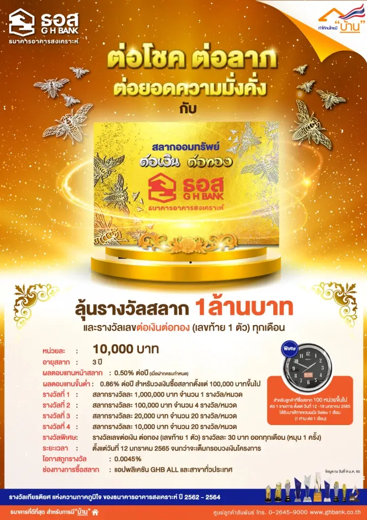 ธอส.ขายสลาก “ต่อเงินต่อทอง” ลุ้นรางวัลสูงสุด 1 ล้าน