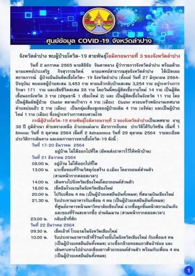 เปิดไทม์ไลน์ผู้ป่วยโควิด-19 โอมิครอนรายที่ 3 จังหวัดลำปาง